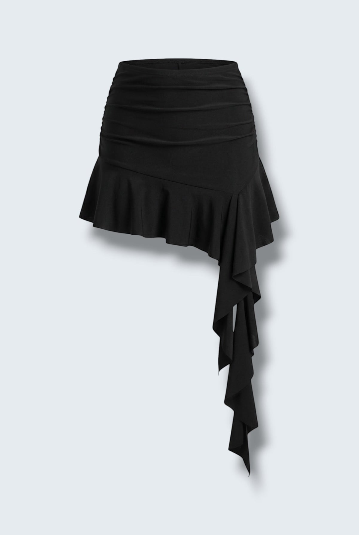 The Saint 54 black high-waisted mini skirt with asymmetrical cascading ruffles and side gathers.