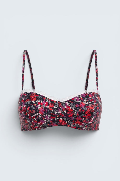 The Saint 54 Give&Shine floral print shaping top with delicate ecru lace trim and adjustable spaghetti straps.