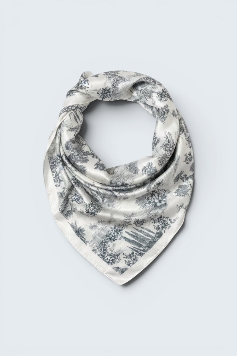 The Saint 54 grey satin twill scarf top with a delicate toile de jouy print and picot edge finish.