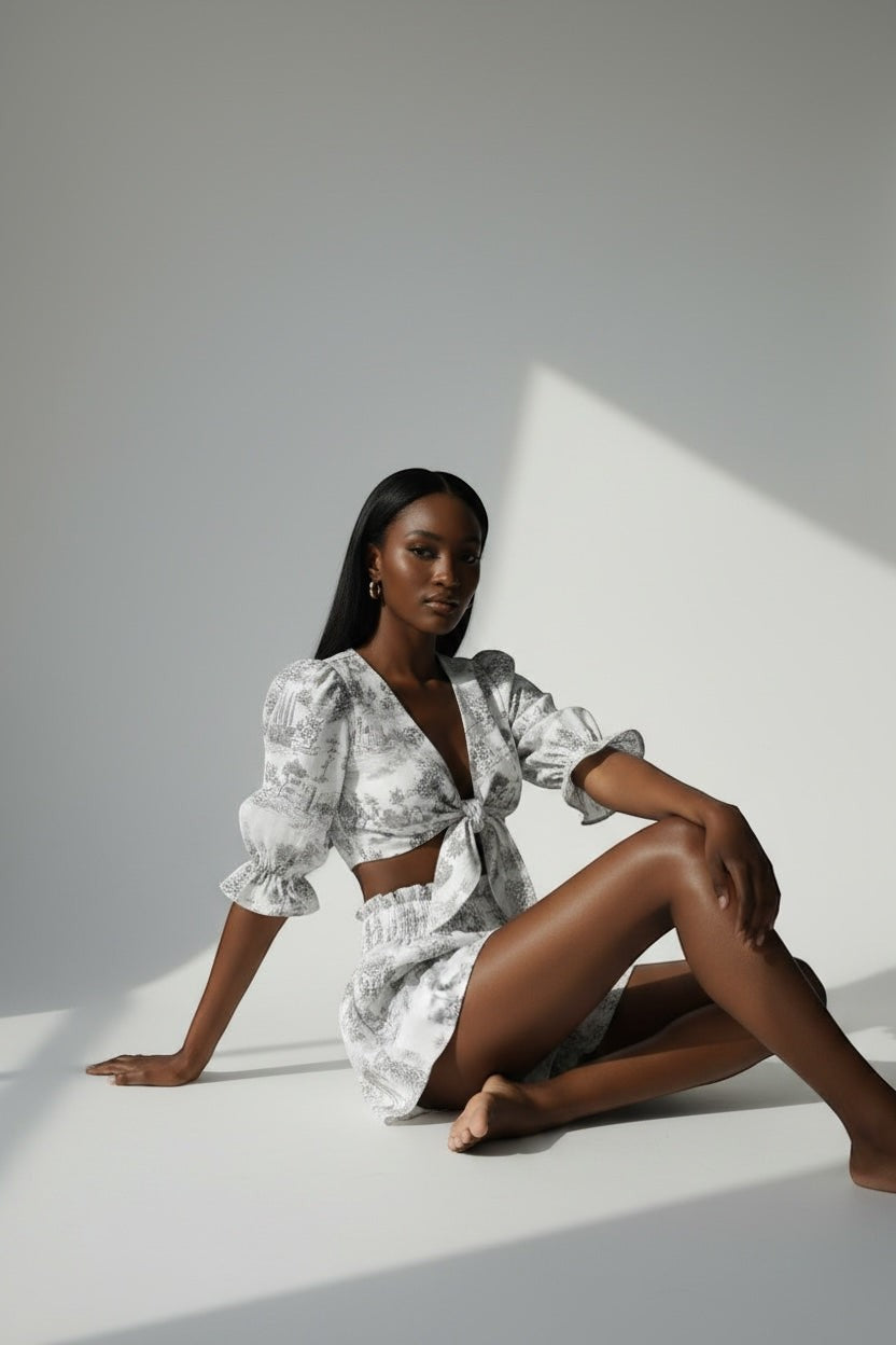 Model wearing The Saint 54 grey toile print two-piece set with puff sleeve tie-front top and ruffled mini shorts.