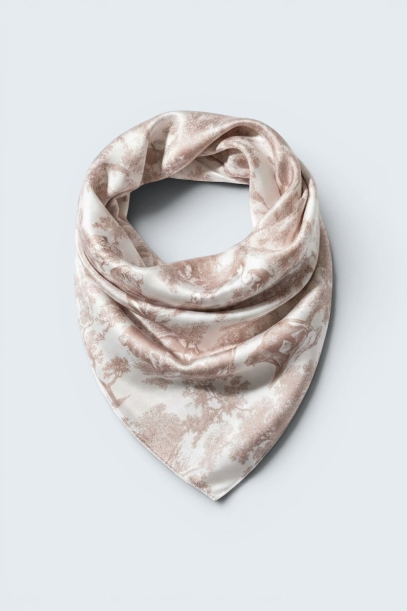 The Saint 54 J’ADORE beige satin twill scarf top with a delicate picot edge and elegant toile de jouy print.