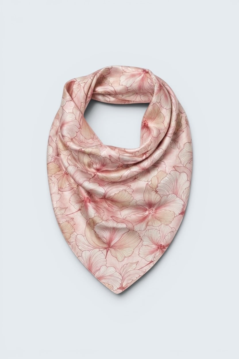 The Saint 54 pink floral satin twill scarf top with a delicate picot edge, versatile for styling as a headscarf.
